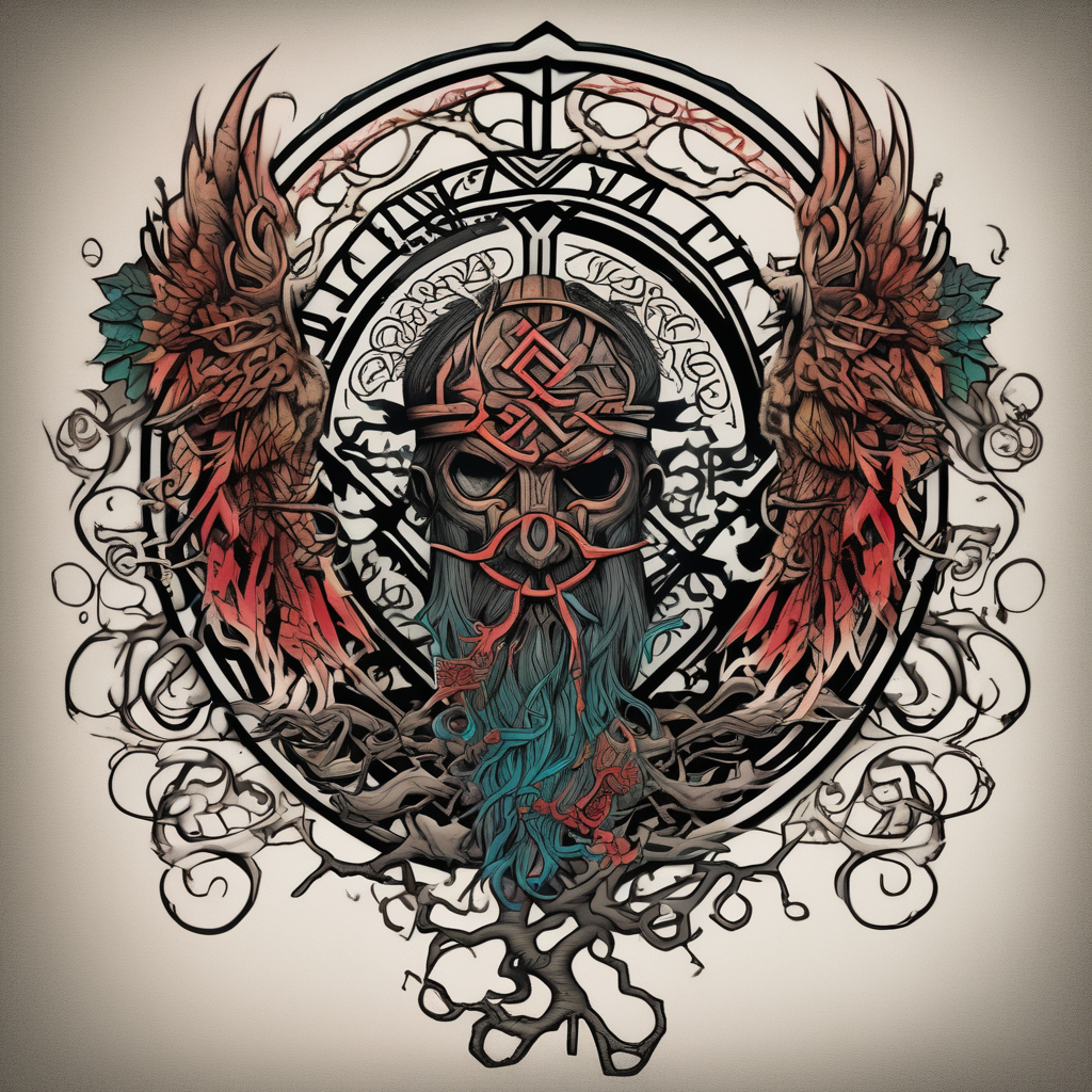 Viking style tattoo throughout. Viking Vegvisir with wings around it, Viking Valknut, tree of life with roots sister-tree, diseño de tatuaje Japonés generado con IA