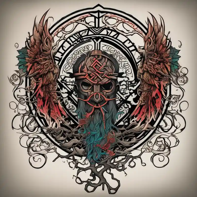 Viking style tattoo throughout. Viking Vegvisir with wings around it, Viking Valknut, tree of life with roots