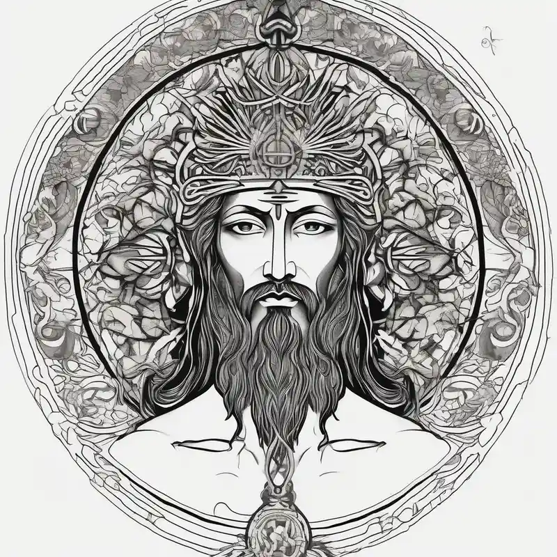 flat stern byzantine Christ with all-demanding eyes with a halo made of peacock feathers and pecan trees – Japonés, Blanco y negro