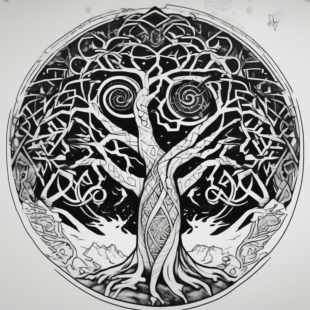 norse mythology world serpent wrap around giant tree tattoo design sister-tree, AI-generated Geometric tattoo design