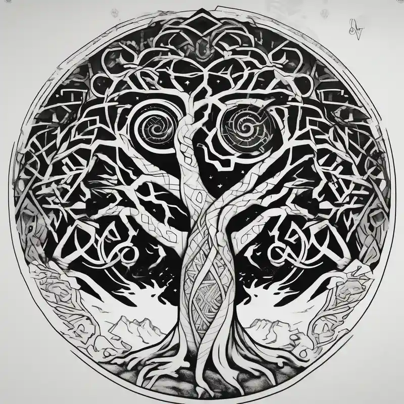 norse mythology world serpent wrap around giant tree tattoo design – Geometric, Black and white