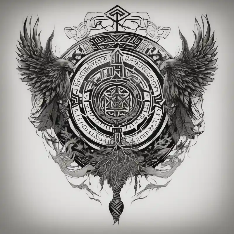 Viking style tattoo throughout. Viking Vegvisir with wings around it, Viking Valknut, tree of life with roots – Blackwork, Colores vivos