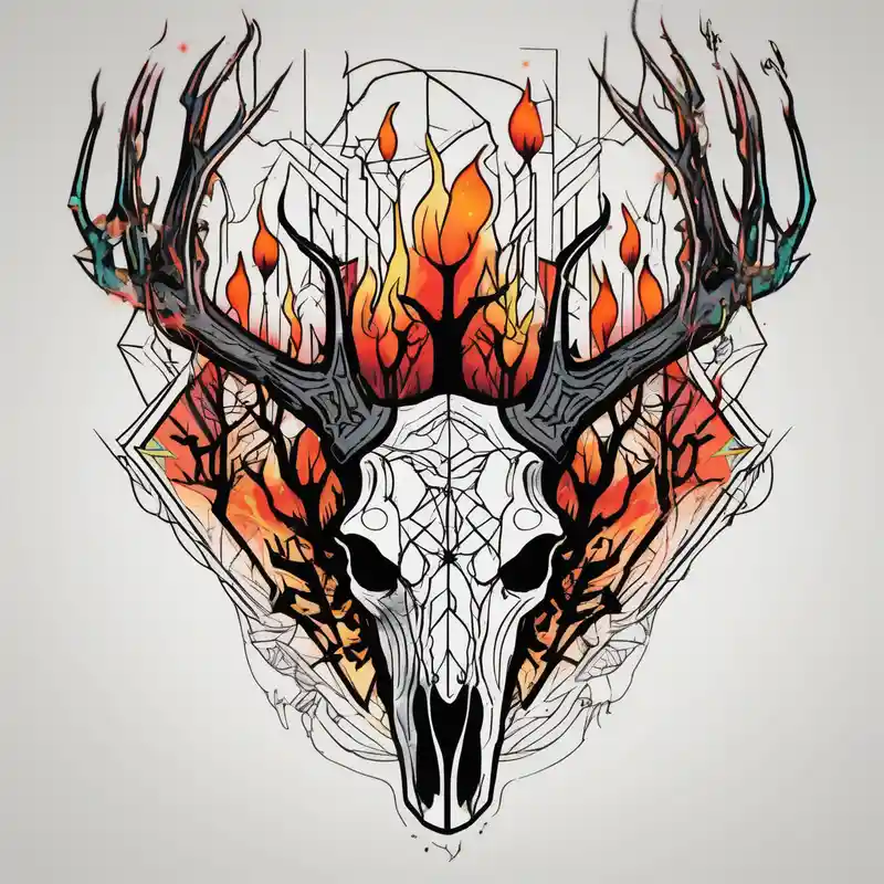 A scary decayed deer skull head with flames and trees – Geometric, Vibrant color