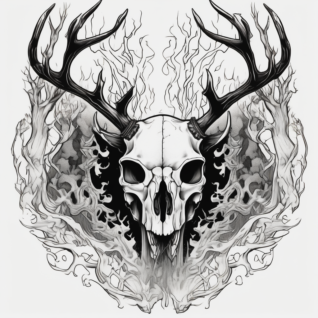 Scary side profile of a DECAYING deer skull JUST BONE surrounded by a flames and trees in background sister-tree, diseño de tatuaje Japonés generado con IA