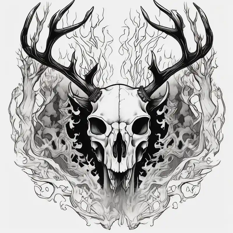 Scary side profile of a DECAYING deer skull JUST BONE surrounded by a flames and trees in background – Japonés, Blanco y negro
