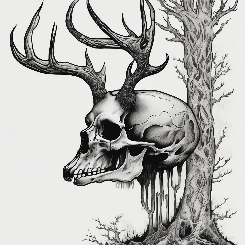 side view of a standing on two legs deer humanoid skull JUST BONE surrounded by a flames and trees sister-tree, design de tatouage Blackwork généré par IA