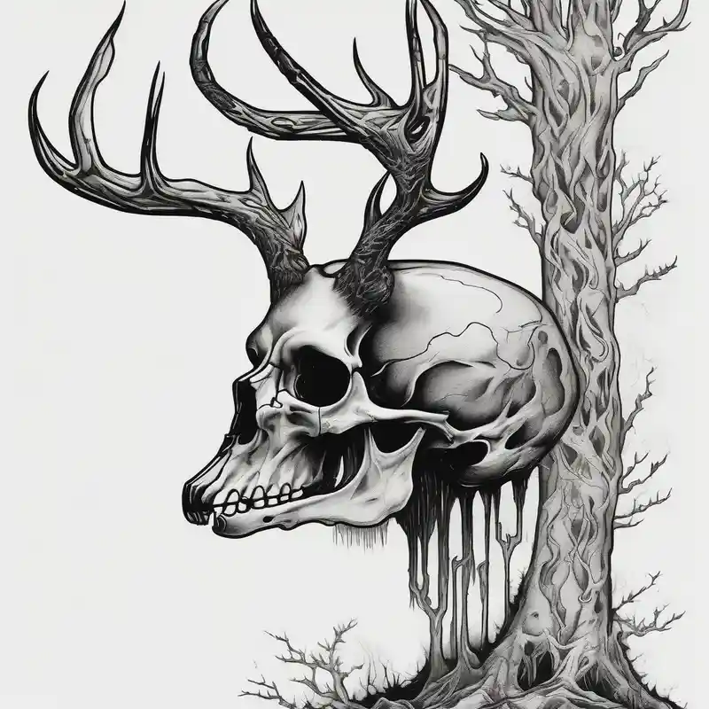 side view of a standing on two legs deer humanoid skull JUST BONE surrounded by a flames and trees – Blackwork, Noir et blanc