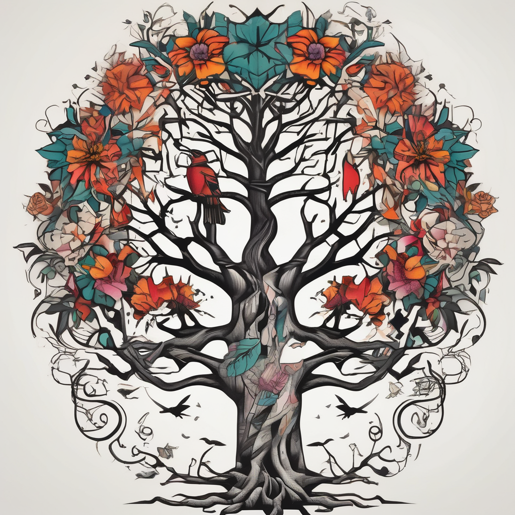 tree with roots and birds old school vintage simple traditional design with vintage flowers surrounding bold color simple sister-tree, design de tatouage Géométrique généré par IA