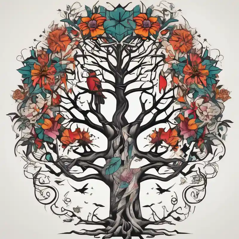 tree with roots and birds old school vintage simple traditional design with vintage flowers surrounding bold color simple