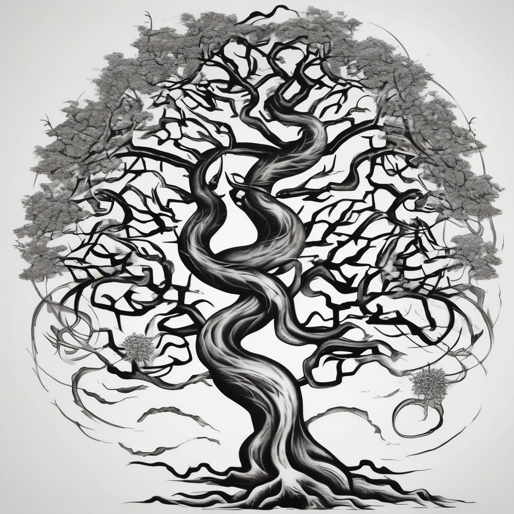 tree with long roots and branches sister-tree, diseño de tatuaje Japonés generado con IA