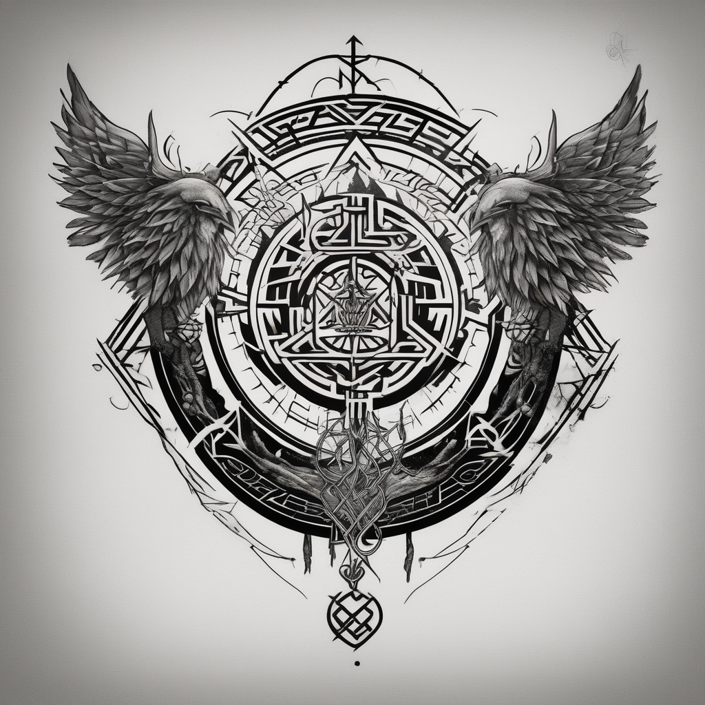 Viking style tattoo throughout. Viking Vegvisir with wings around it, Viking Valknut, tree of life with roots sister-tree, diseño de tatuaje Geométrico generado con IA