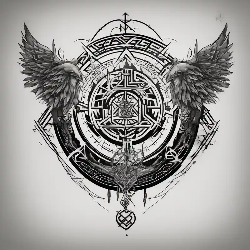 Viking style tattoo throughout. Viking Vegvisir with wings around it, Viking Valknut, tree of life with roots – Geométrico, Blanco y negro