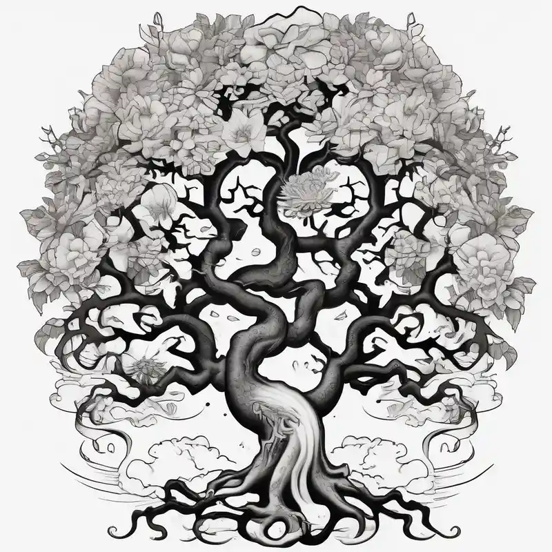 tree with roots old school vintage simple traditional design with vintage flowers surrounding bold color simple – Japonais, Noir et blanc