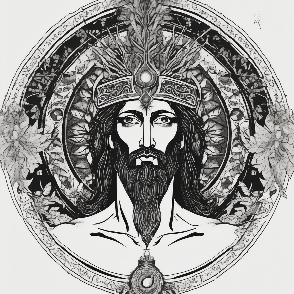 flat stern byzantine Christ with all-demanding eyes with a halo made of peacock feathers and pecan trees sister-tree, AI-generated Blackwork tattoo design