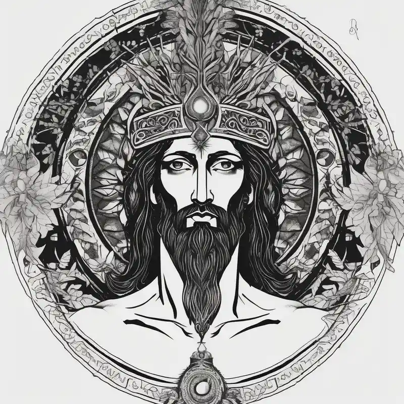flat stern byzantine Christ with all-demanding eyes with a halo made of peacock feathers and pecan trees