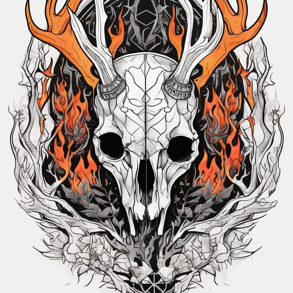 Scary side profile of a DECAYING deer skull JUST BONE surrounded by a flames and trees in background sister-tree, diseño de tatuaje Geométrico generado con IA