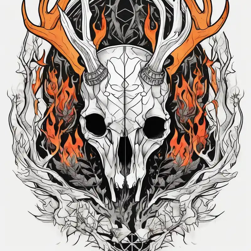 Scary side profile of a DECAYING deer skull JUST BONE surrounded by a flames and trees in background – Geométrico, Colores vivos
