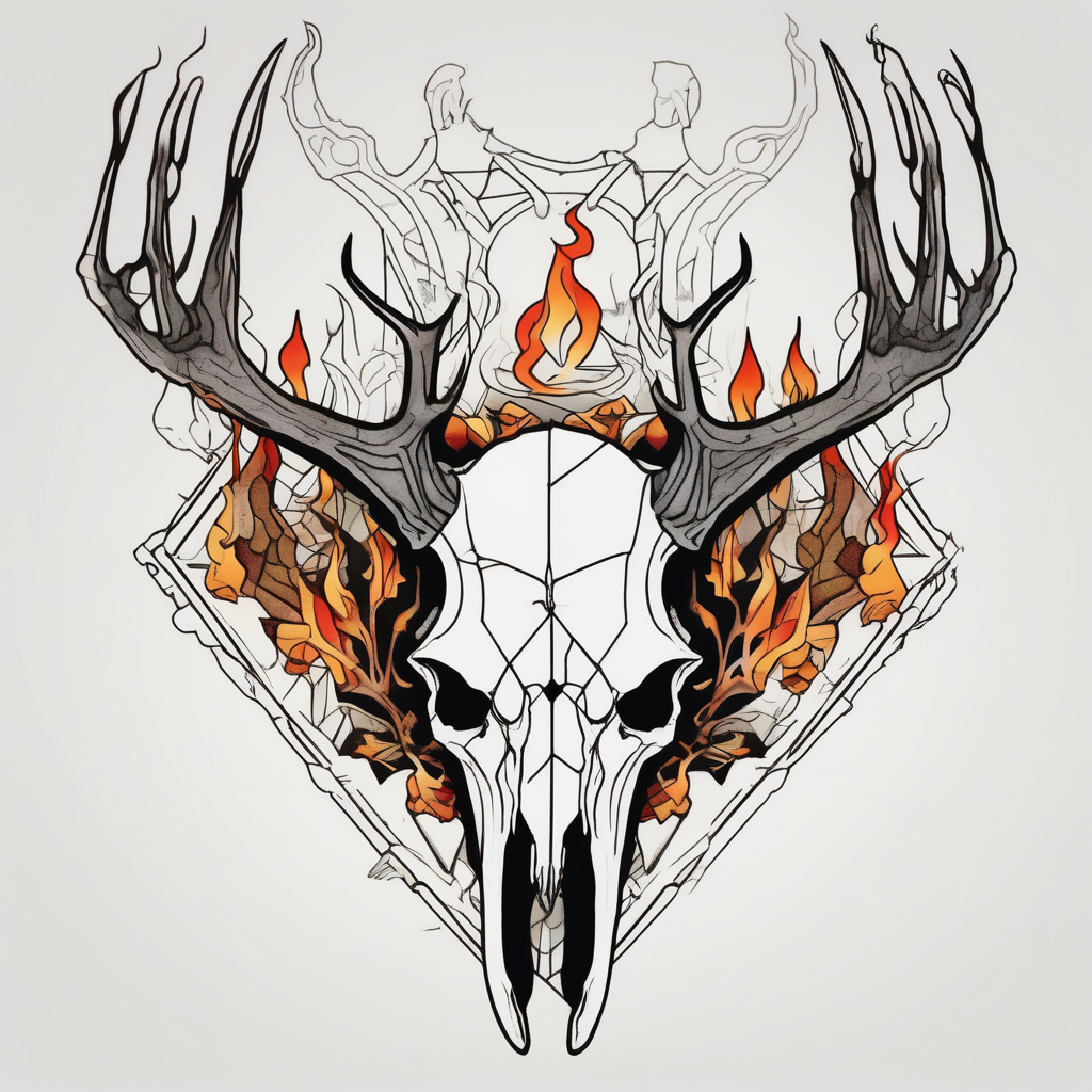 side profile of a DECAYING deer skull JUST BONE lore accurate wendigo surrounded by a flames and trees sister-tree, diseño de tatuaje Geométrico generado con IA