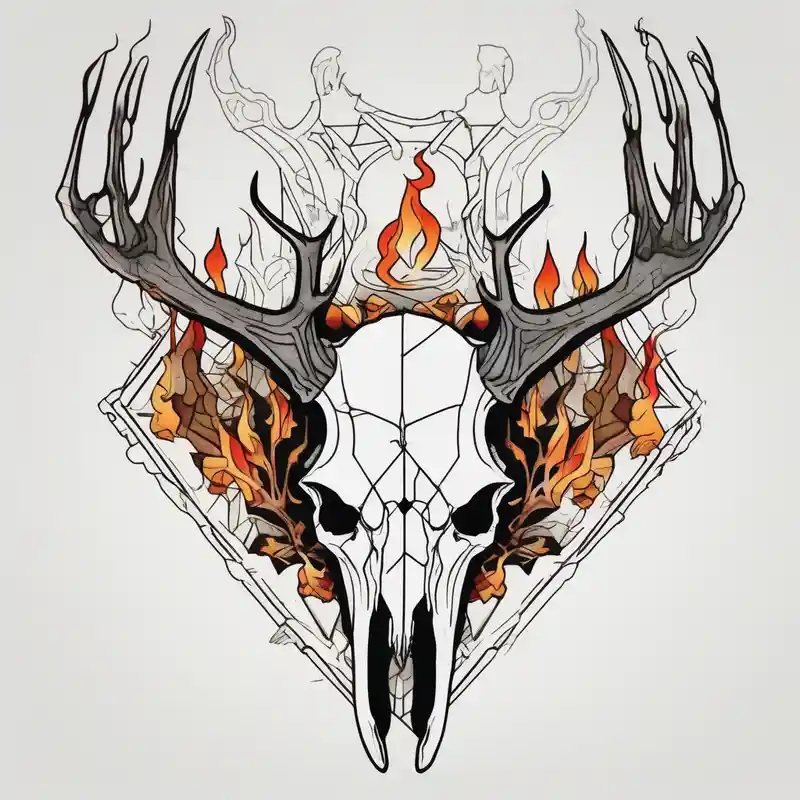side profile of a DECAYING deer skull JUST BONE lore accurate wendigo surrounded by a flames and trees