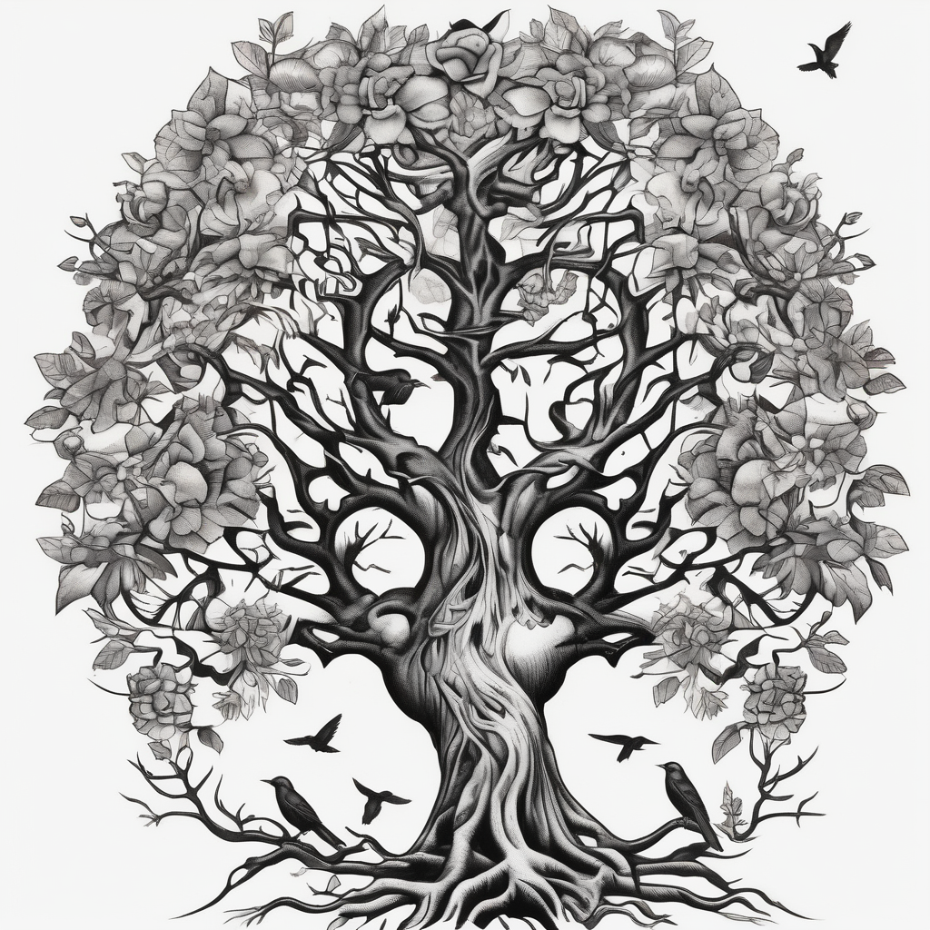 tree with roots and birds old school vintage simple traditional design with vintage flowers surrounding bold color simple sister-tree, design de tatouage Blackwork généré par IA