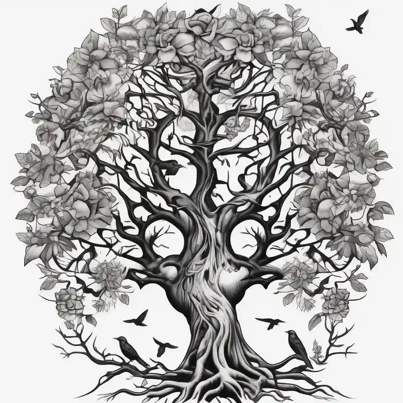 tree with roots and birds old school vintage simple traditional design with vintage flowers surrounding bold color simple – Blackwork, Couleurs vives