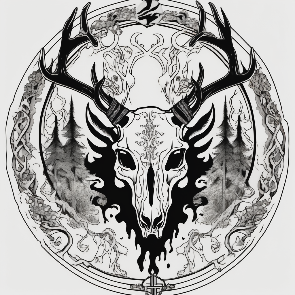 side view of a standing on two legs deer humanoid skull JUST BONE surrounded by a flames and trees sister-tree, design de tatouage Japonais généré par IA