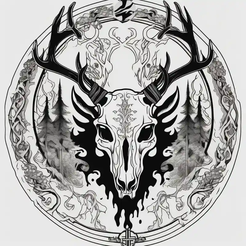 side view of a standing on two legs deer humanoid skull JUST BONE surrounded by a flames and trees – Japonais, Noir et blanc