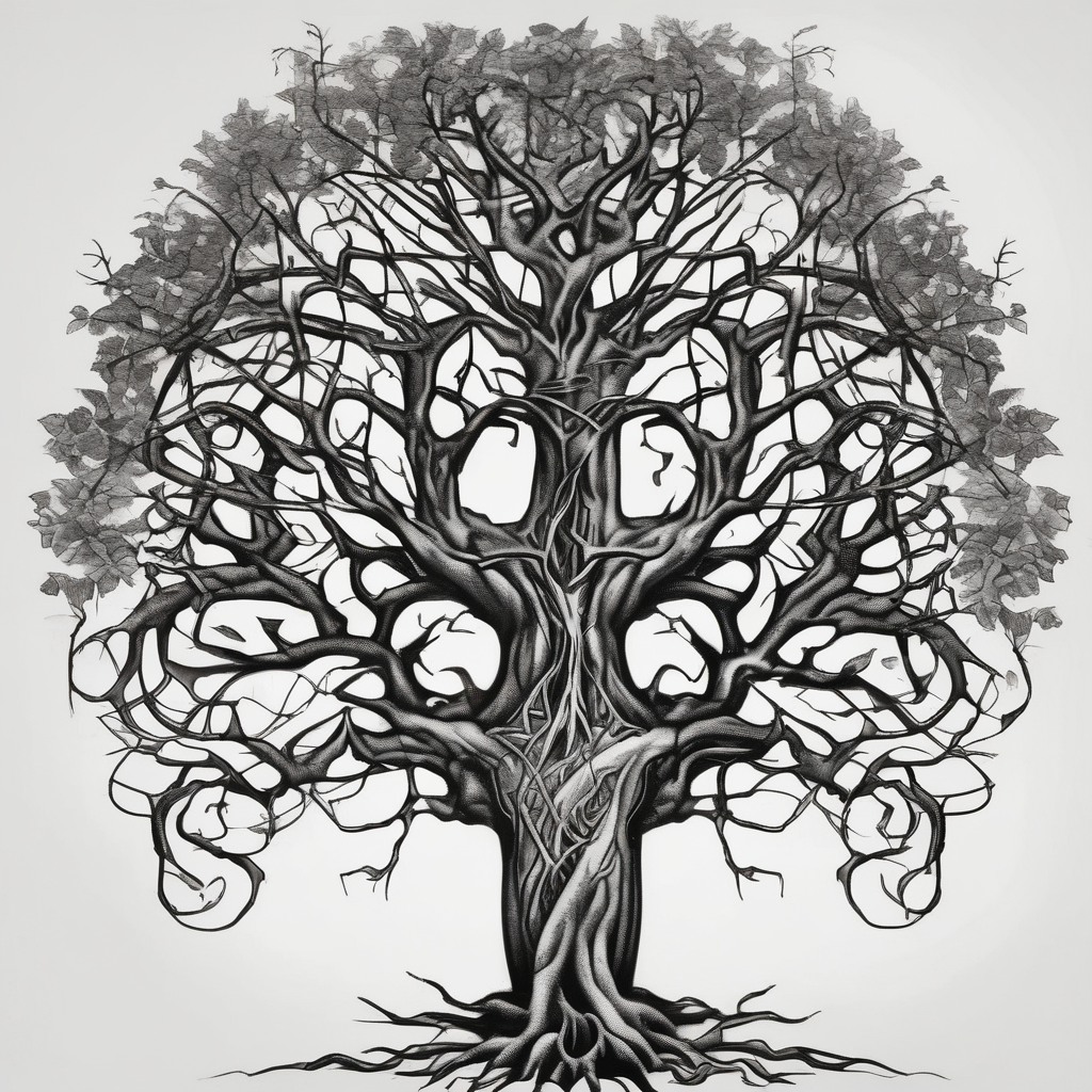 tree with long roots and branches sister-tree, diseño de tatuaje Blackwork generado con IA