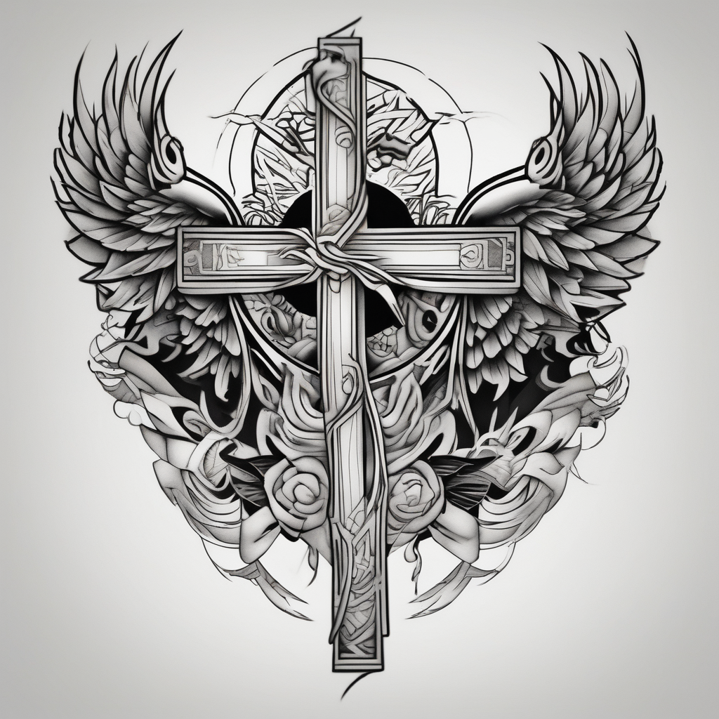 Brother and sister tattoo for mother passing away with a cross on my tricep and a wing in by bicep, AI-generated Japanese tattoo design