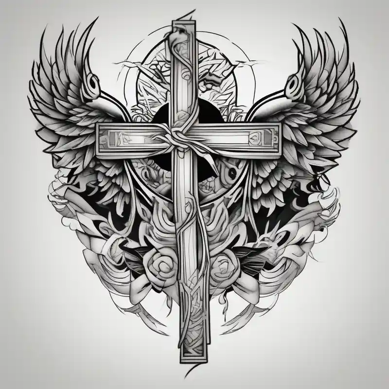 Brother and sister tattoo for mother passing away with a cross on my tricep and a wing in by bicep – Japanese, Black and white