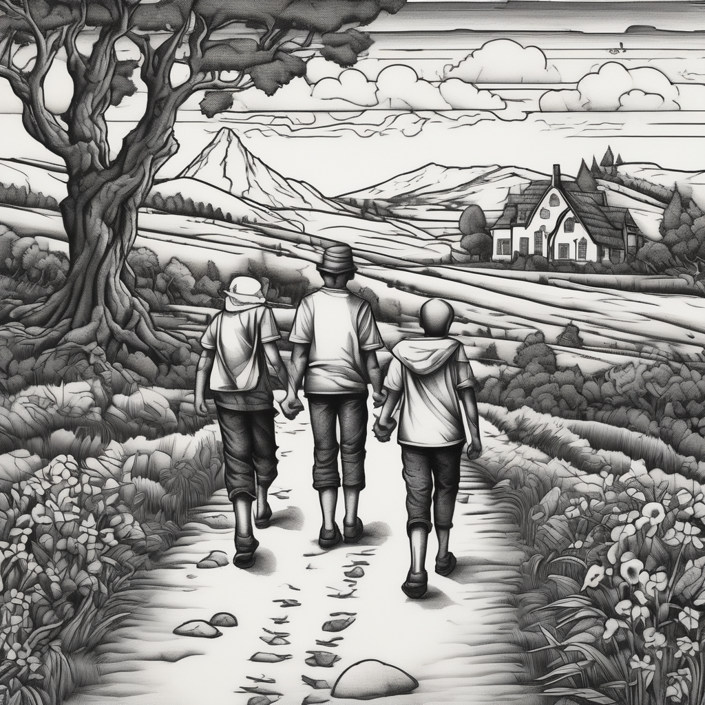 Two brothers and a sister walking down a path in the country side, design de tatouage Blackwork généré par IA