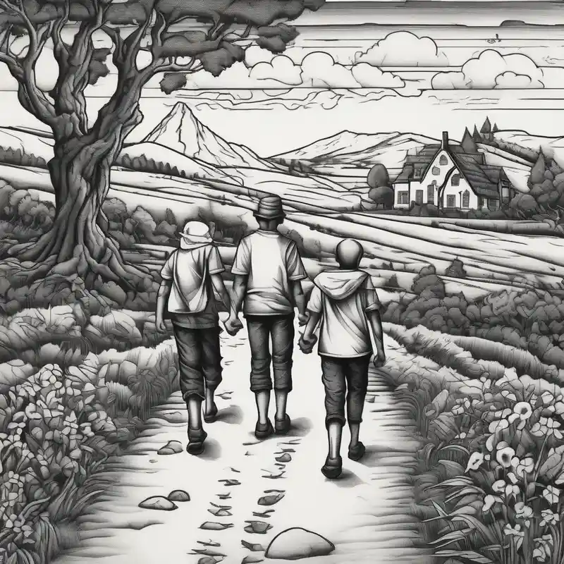 Two brothers and a sister walking down a path in the country side