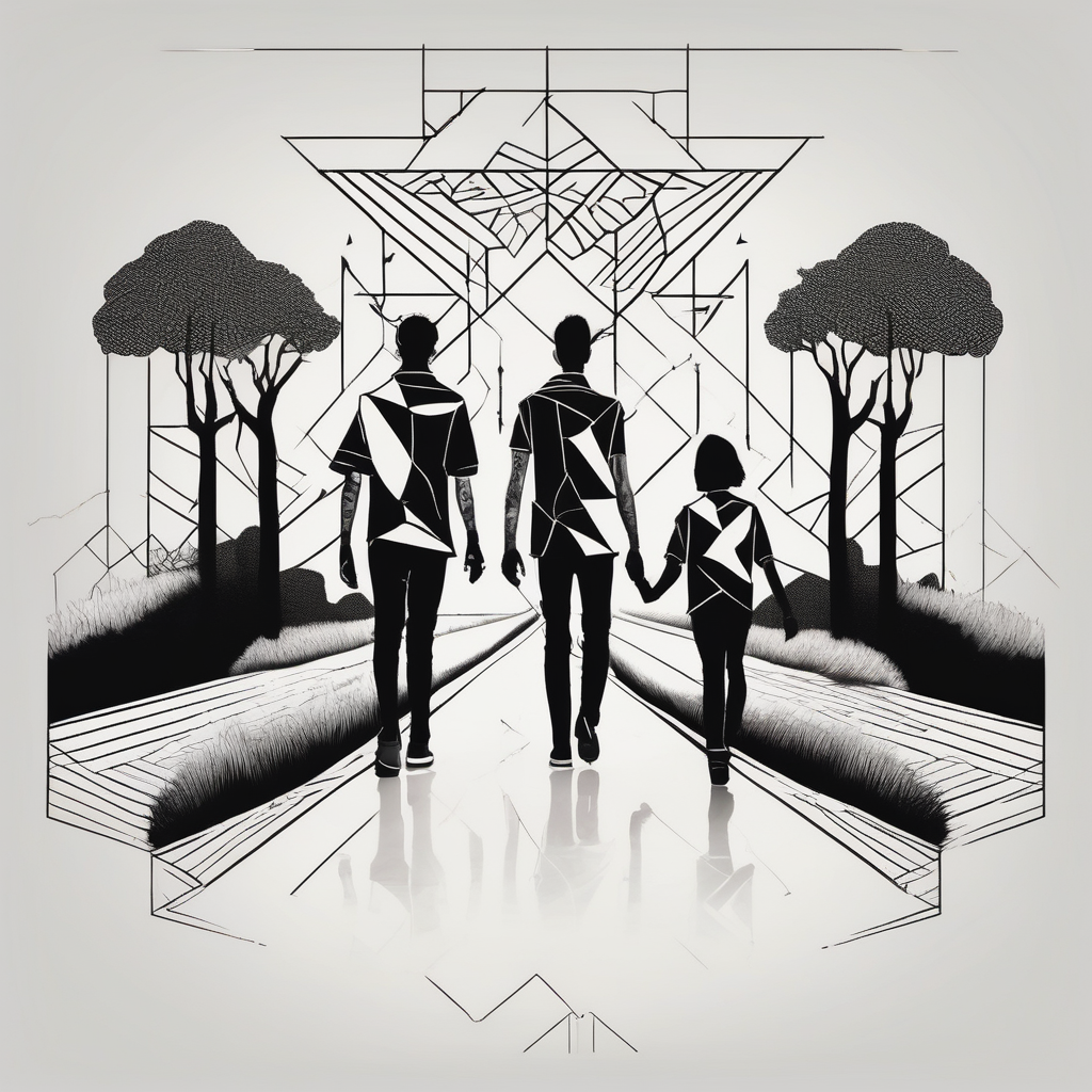 Two brothers and a sister walking down a path in the country side, design de tatouage Géométrique généré par IA