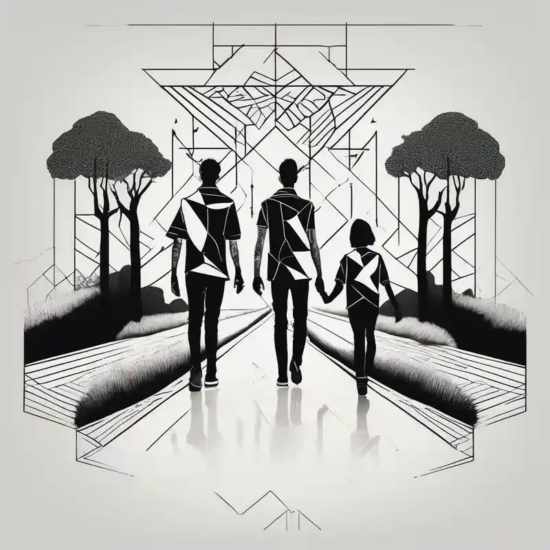 Two brothers and a sister walking down a path in the country side – Géométrique, Couleurs vives
