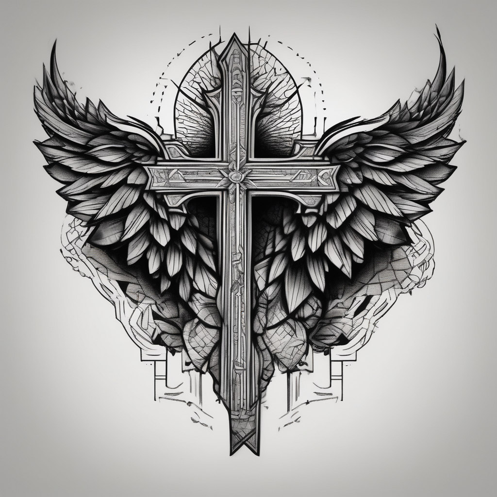 Brother and sister tattoo for mother passing away with a cross on my tricep and a wing in by bicep, AI-generated Blackwork tattoo design