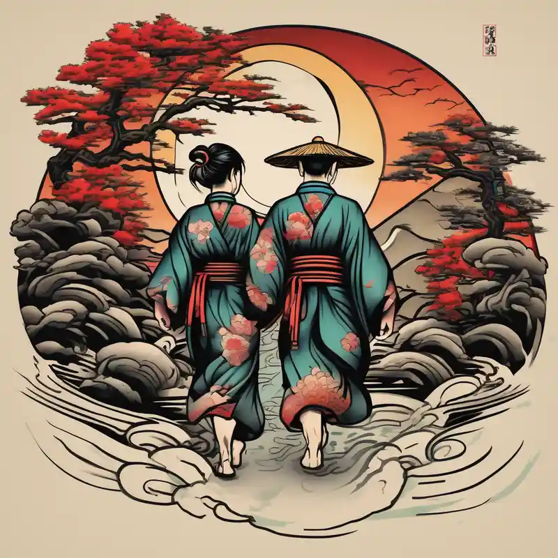 Two brothers and a sister walking down a path in the country side – Japonais, Couleurs vives