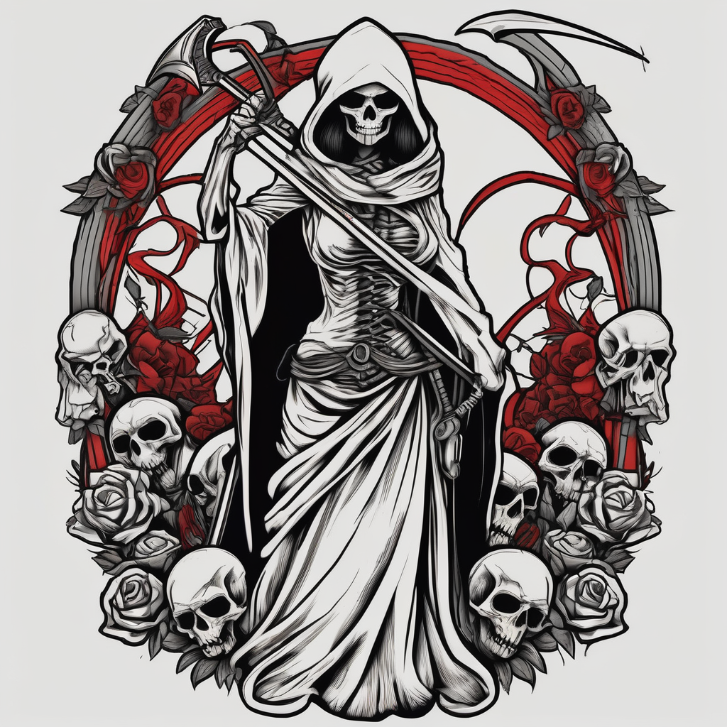Lady grim reaper with scythe and skulls skull-designs, AI-generated Old School tattoo design