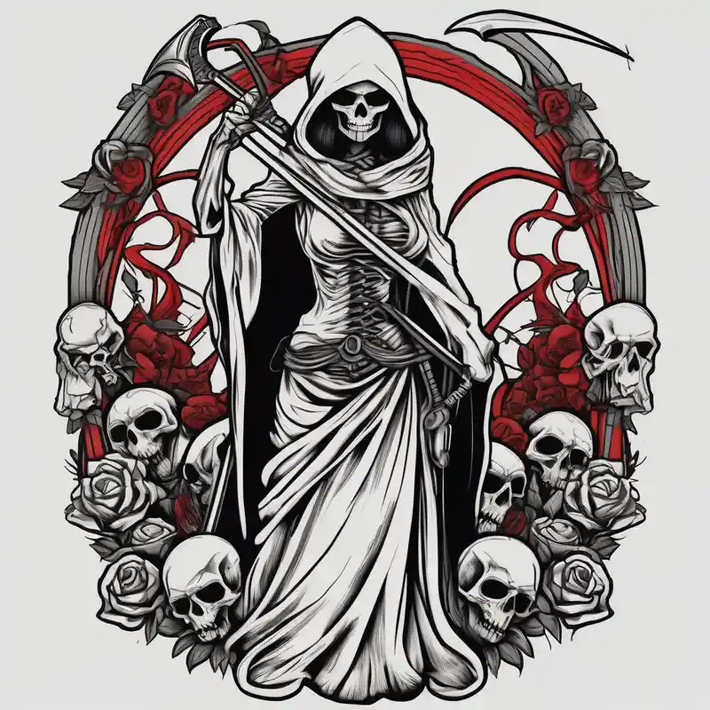 Lady grim reaper with scythe and skulls – Old School, Black and white