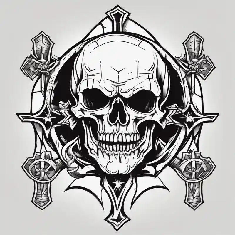 Skull with vampire fangs, three crosses, prayer hands