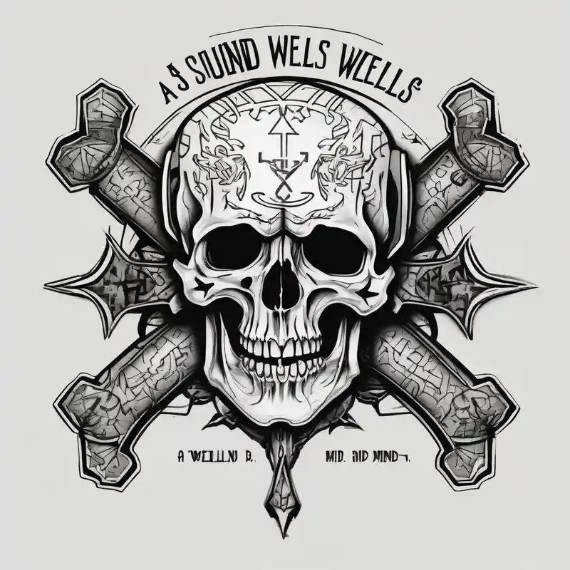 Big Skull with fangs, three crosses, words saying “A Sound Soul Dwells Within A Sound Mind and Sound Body” – Cartoon, Noir et blanc