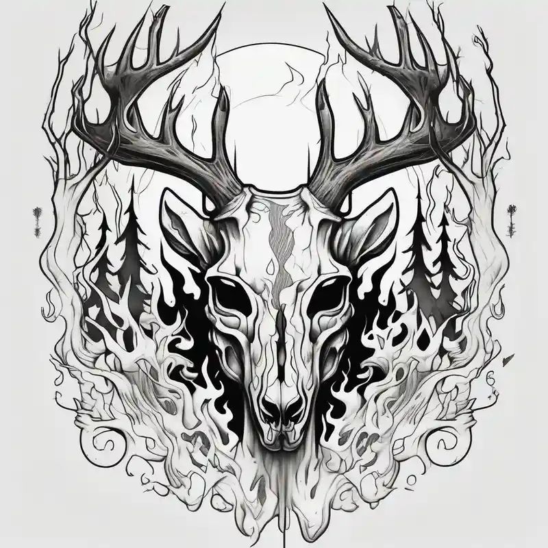 side view of a standing on two legs deer humanoid skull JUST BONE surrounded by a flames and trees – Croquis, Noir et blanc
