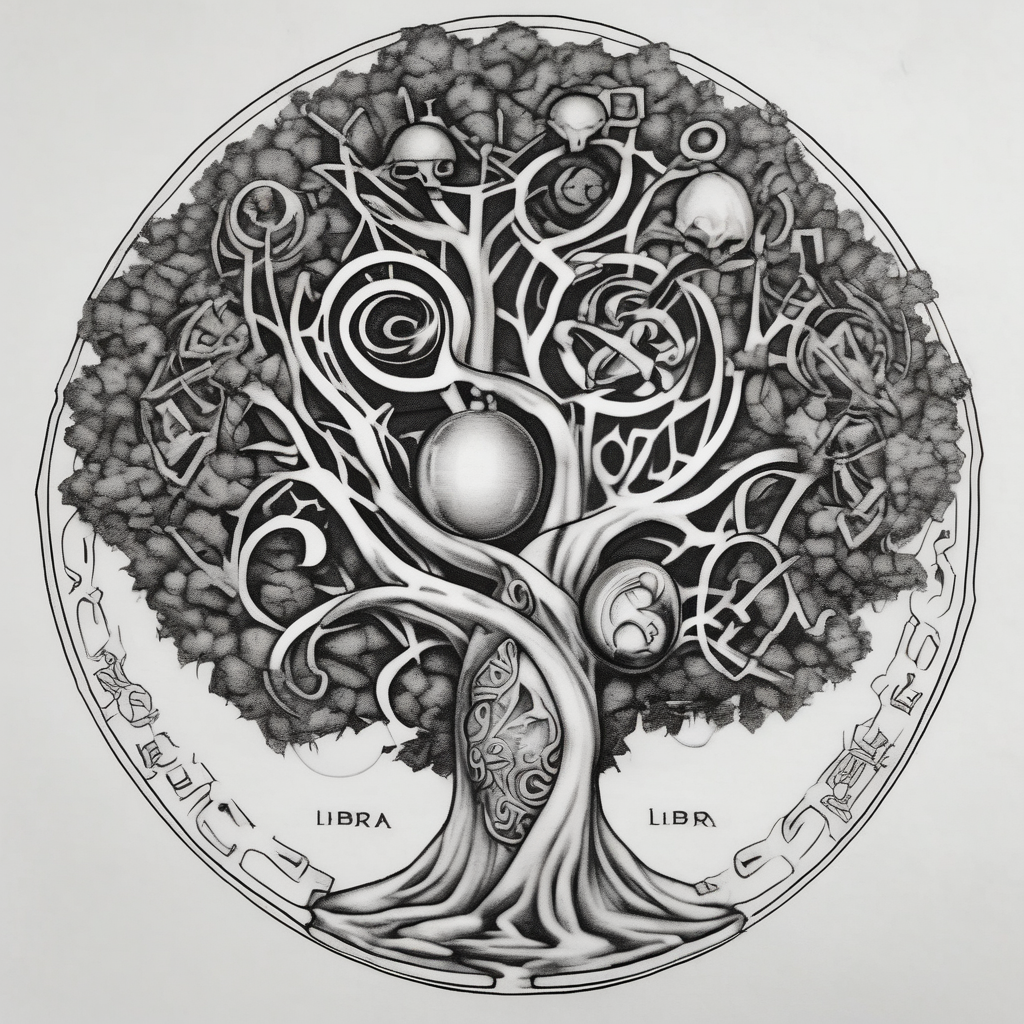 Micro realism tattoo design featuring the helix merging into the tree of life. With my zodiac sign libra holding the brain and heart on each side of the scale with the heart out weighing the brain skull-designs, design de tatouage Réaliste généré par IA