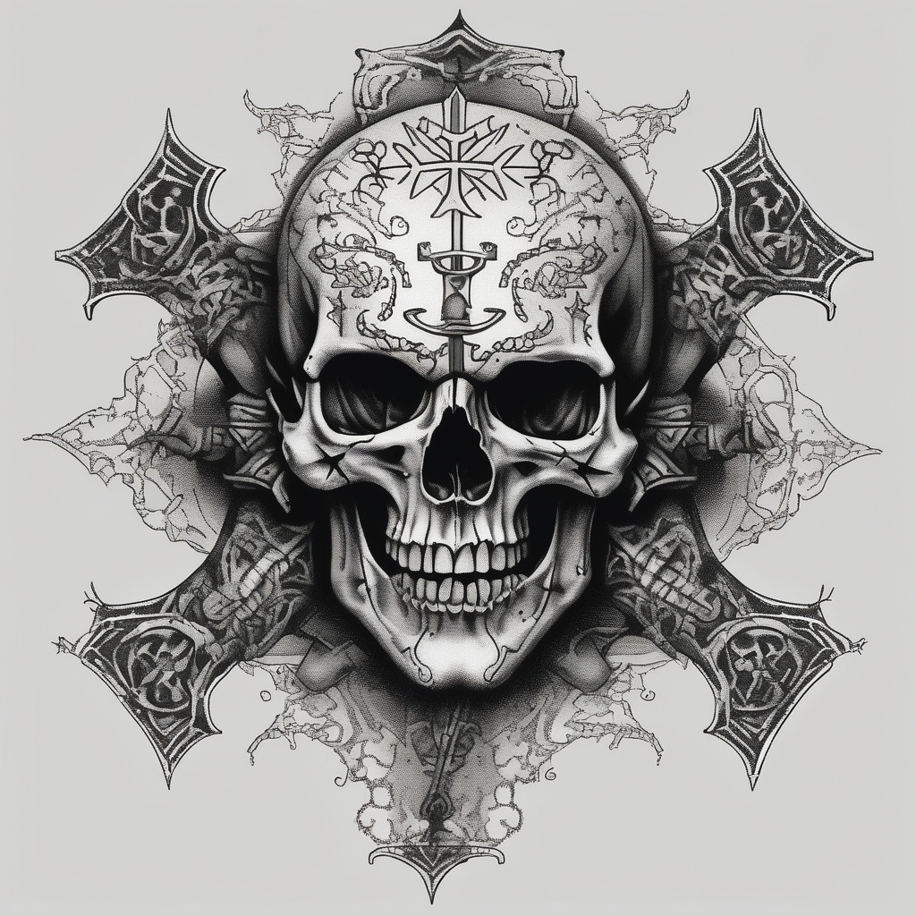 Skull with vampire fangs, three crosses, prayer hands skull-designs, design de tatouage Dotwork généré par IA