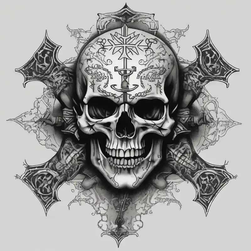 Skull with vampire fangs, three crosses, prayer hands – Dotwork, Couleurs vives