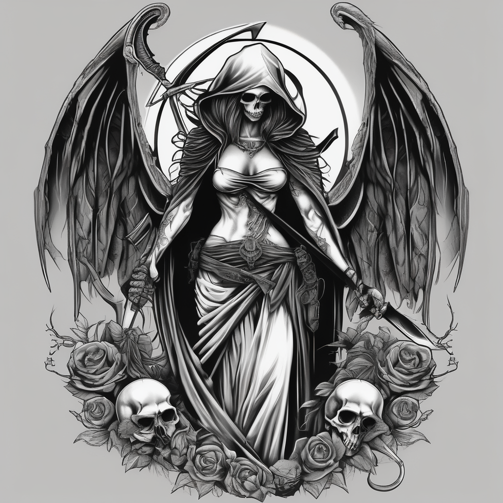 Lady grim reaper with wings, scythe and skulls skull-designs, AI-generated Black and White tattoo design