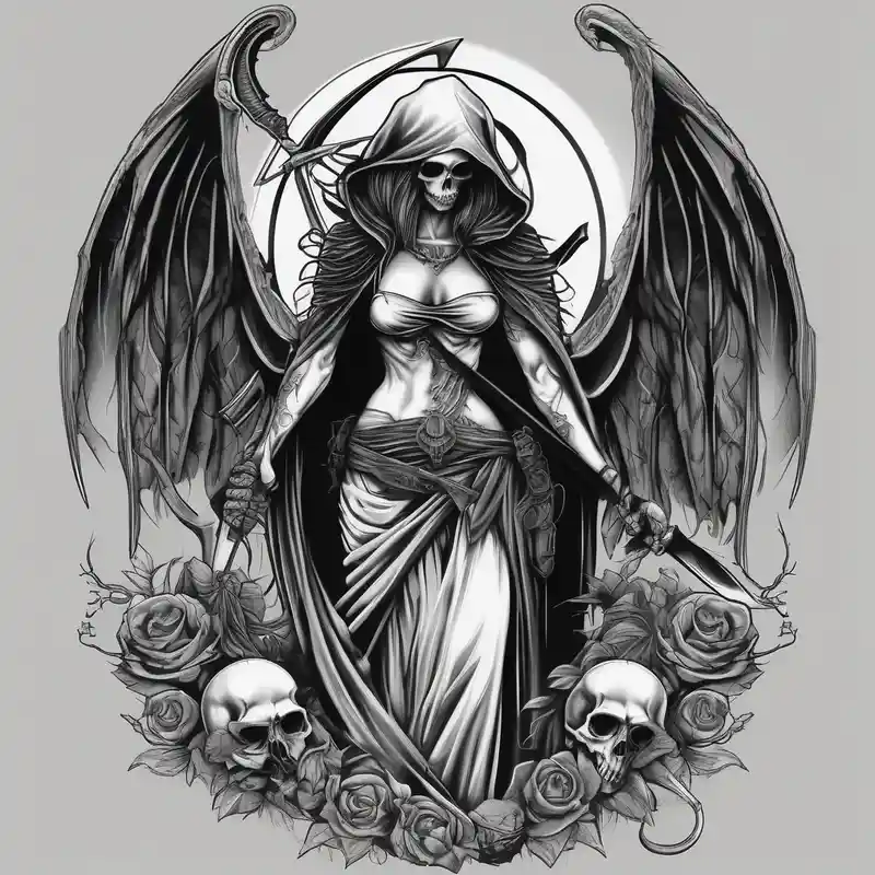Lady grim reaper with wings, scythe and skulls – Black and White, Black and white