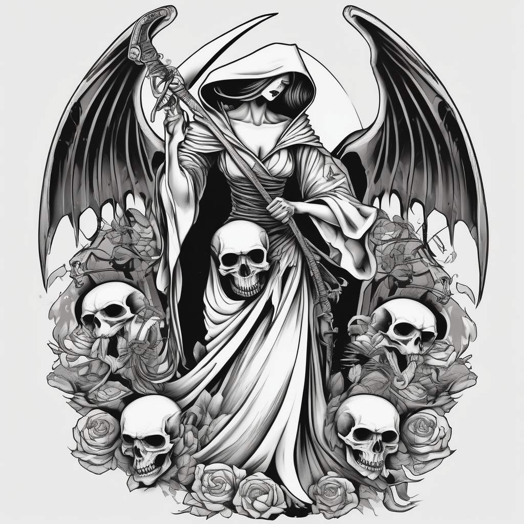 Lady grim reaper with wings, scythe and skulls skull-designs, diseño de tatuaje Japonés generado con IA