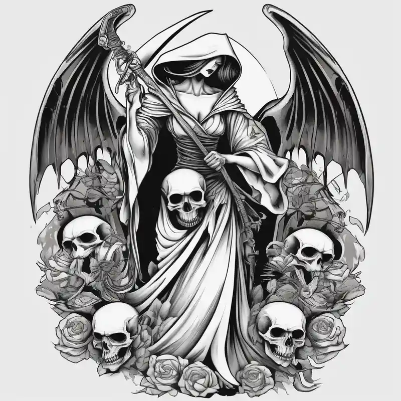 Lady grim reaper with wings, scythe and skulls – Japanese, Black and white