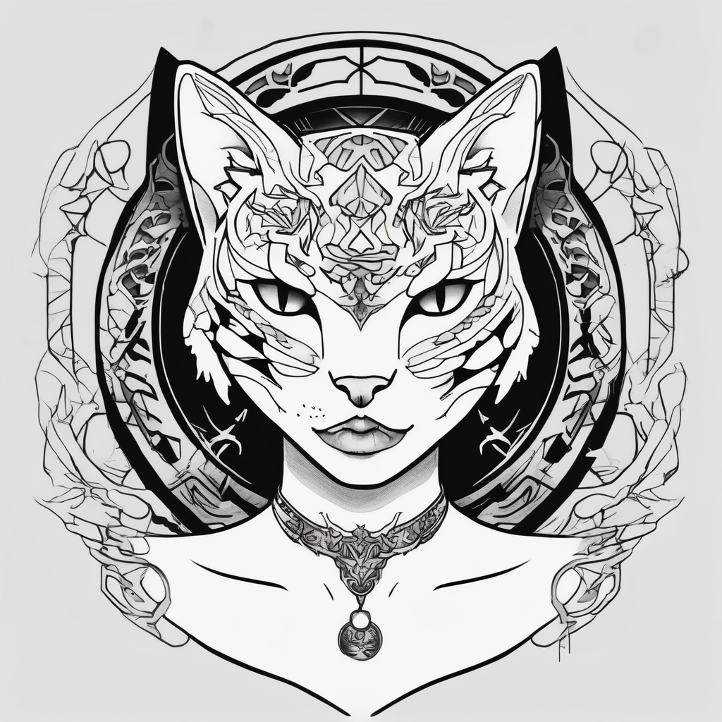 Busty Neko sternum tattoo designs skull-designs(AIが生成したスケッチスタイルのタトゥーデザイン)