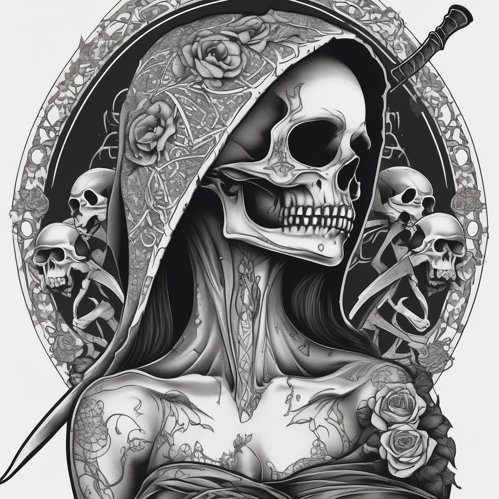 Lady grim reaper with scythe and skulls skull-designs, AI-generated Dotwork tattoo design